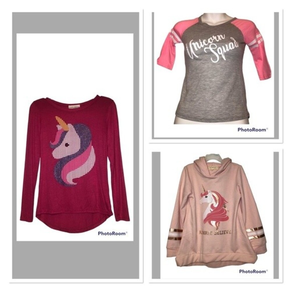 Lot of 3 Girls Long Sleeve Unicorn Tops / Hoodie Sz S (6/6X) NEW btween Zone Pro